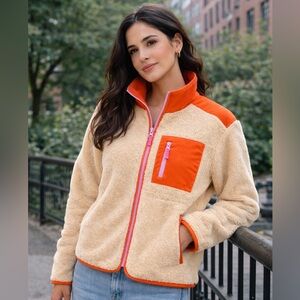 J.Crew Sherpa Fleece Jacket Medium Cream Neon Coral Zip Up Cozy Teddy